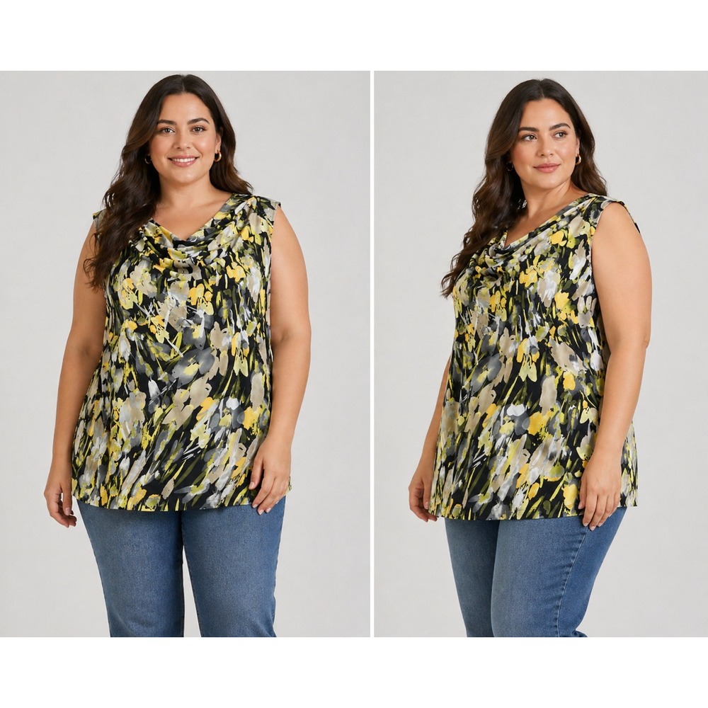 Jones Studio XL Black Yellow Abstract Floral Cowl Neck Sleeveless Top Tank Blous